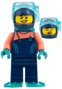 LEGO Arctic Explorer Diver - Dark Blue Wetsuit with Coral Sleeves, Dark Turquoise Tank and Flippers, Dark Blue Helmet minifigure