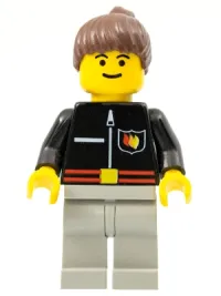 LEGO Fire - Flame Badge and Straight Line, Light Gray Legs, Brown Ponytail Hair minifigure