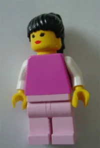 LEGO Plain Dark Pink Torso with White Arms, Pink Legs, Black Ponytail Hair minifigure