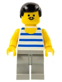 LEGO Horizontal Blue and Light Green Stripes, Light Gray Legs, Black Male Hair minifigure