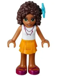 LEGO Friends Andrea, Bright Light Orange Layered Skirt, White Top with Necklace with Music Notes, Flower minifigure