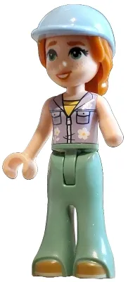 LEGO Friends Autumn - Lavender Sleeveless Jacket with Flowers, Sand Green Trousers Bell-Bottoms, Medium Nougat Shoes, Bright Light Blue Horse Riding Helmet minifigure