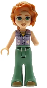 LEGO Friends Autumn - Lavender Sleeveless Jacket with Flowers, Sand Green Trousers Bell-Bottoms, Medium Nougat Shoes, Dark Orange Hair Wavy minifigure