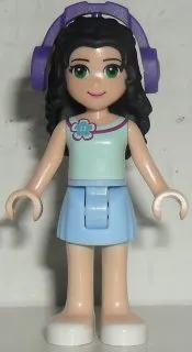 LEGO Friends Emma, Bright Light Blue Skirt, Light Aqua Top with Flower, Dark Purple Headphones minifigure
