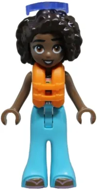 LEGO Friends Aliya - White Crochet Top, Medium Azure Trousers Bell-Bottoms, Metallic Pink Flip Flops, Orange Life Jacket, Trans-Purple Sunglasses minifigure