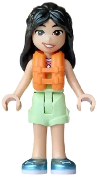LEGO Friends Liann - Lime, Coral and Medium Azure Tank Top, Yellowish Green Shorts Folded Hem, Metallic Light Blue Shoes, Orange Life Jacket, Bright Pink Flower minifigure