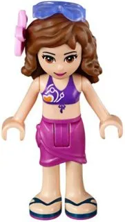 LEGO Friends Olivia, Magenta Wrap Skirt, Dark Purple Bikini Top, Flower, Sunglasses minifigure