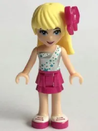 LEGO Friends Stephanie, Magenta Layered Skirt, White One Shoulder Top with Stars, Bow minifigure