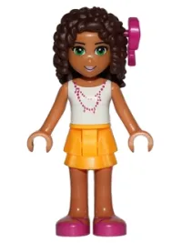 LEGO Friends Andrea, Bright Light Orange Layered Skirt, White Top with Necklace with Music Notes, Bow minifigure