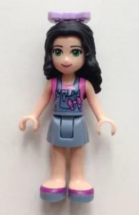 LEGO Friends Emma, Denim Overalls Skirt, Dark Pink Top, Bow minifigure