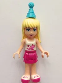 LEGO Friends Stephanie, Magenta Layered Skirt, White Top with Stars, Medium Azure Party Hat minifigure