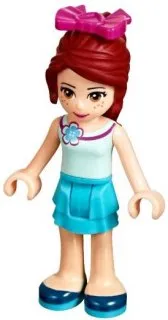 LEGO Friends Mia, Medium Azure Layered Skirt, Light Aqua Top with Flower, Magenta Bow minifigure