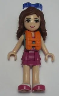 LEGO Friends Olivia, Magenta Layered Skirt, Sand Green Knotted Blouse Top over Magenta and Pink Striped Shirt, Life Jacket, Sunglasses minifigure