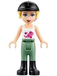 LEGO Friends Stephanie, Sand Green Riding Pants, Black Riding Helmet, Lavender Bow, White Top with Stars minifigure