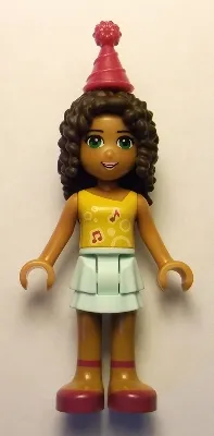 LEGO Friends Andrea, Light Aqua Layered Skirt, Bright Light Orange Top with Music Notes, Magenta Party Hat minifigure
