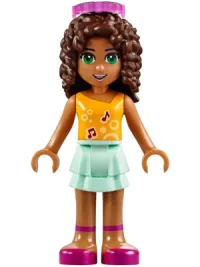 LEGO Friends Andrea, Light Aqua Layered Skirt, Bright Light Orange Top with Music Notes, Trans-Dark Pink Glasses minifigure