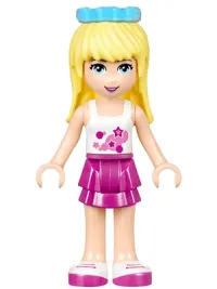 LEGO Friends Stephanie, Magenta Layered Skirt, White Top with Stars, Medium Azure Bow minifigure