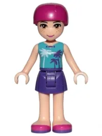 LEGO Friends Mia, Dark Purple Skirt, Medium Azure Top with Palm Trees, Helmet minifigure