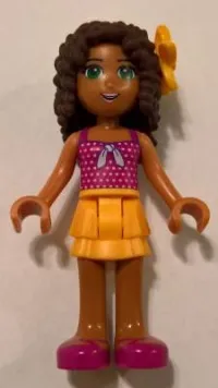 LEGO Friends Andrea, Bright Light Orange Layered Skirt, Magenta Top with White Polka Dots and Bow, Bright Light Orange Flower minifigure