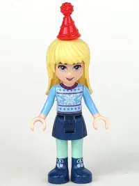 LEGO Friends Stephanie - Dark Blue Skirt, Bright Light Blue Fair Isle Sweater with Snowflakes Pattern, Red Christmas Hat minifigure