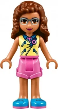 LEGO Friends Olivia, Bright Light Yellow Vest over Dark Azure Shirt and Dark Pink Tie, Dark Pink Shorts minifigure
