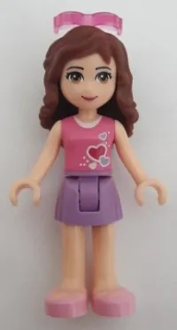 LEGO Friends Olivia, Medium Lavender Skirt, Dark Pink Top with Hearts and White Undershirt, Lab Safety Glasses minifigure
