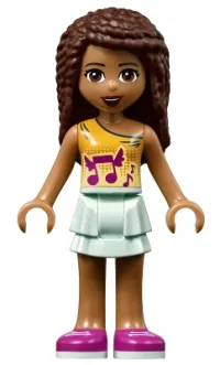 LEGO Friends Andrea, Light Aqua Layered Skirt, Bright Light Orange Top with Winged Music Notes minifigure