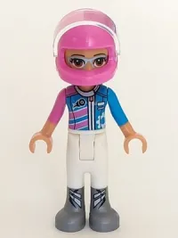LEGO Friends Olivia, White Trousers, Dark Pink and Dark Azure Racing Jacket, Dark Pink Racing Helmet with Reddish Brown Ponytail minifigure