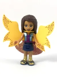 LEGO Friends Andrea, Metallic Light Blue Vest over Magenta Top, Dark Blue Skirt, Garish Butterfly Cape and Magenta Skirt, Gold Boots with Dark Blue Trim minifigure