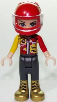 LEGO Friends Vicky, Trousers with Gold Boots, Red and Yellow Racing Jacket, Helmet minifigure