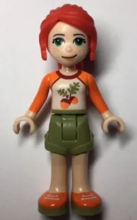 LEGO Friends Mia, Olive Green Shorts, White Top with Orange Sleeves and Acorns minifigure