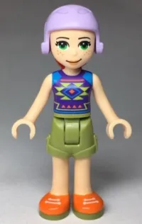 LEGO Friends Mia, Olive Green Shorts, Dark Purple Top with Diamonds and Triangles, Lavender Ski Helmet with Red Hair minifigure