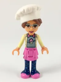 LEGO Friends Olivia, Dark Pink Skirt and Dark Blue Leggings, Sand Green Sweater with Bright Yellow Jacket, White Chef Toque with Hair minifigure