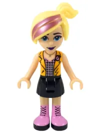 LEGO Friends Chloe, Black Skirt, Silver Top with Black and Bright Pink Squares, Bright Light Orange Vest minifigure