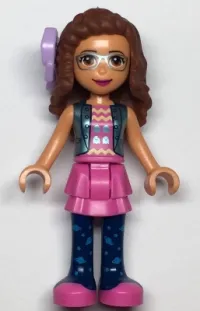 LEGO Friends Olivia, Dark Pink Skirt and Dark Blue Leggings, Dark Pink Top, Blue Jacket, Bow minifigure