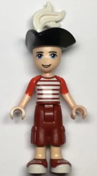 LEGO Friends Zack, Dark Red Cropped Trousers Large Pockets, Red and White Striped Shirt, Pirate Tricorne Hat, White Plume minifigure