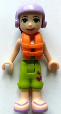 LEGO Friends Mia, Lime Cropped Trousers,  Medium Blue Top with 3 Butterflies, Lavender Ski Helmet with Dark Red Hair, Life Jacket minifigure