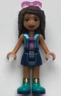 LEGO Friends Andrea, Dark Blue Skirt, Metallic Light Blue Vest over Magenta Top, Sunglasses minifigure