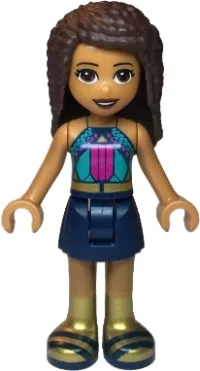 LEGO Friends Andrea, Dark Turquoise Halter Top with Magenta Stripes and Dots, Dark Blue Skirt, Gold Boots and Belt minifigure
