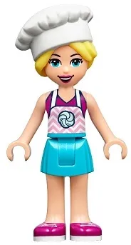 LEGO Friends Stephanie, Medium Azure Skirt, Magenta Top with Bright Pink Apron, White Chef Toque with Hair minifigure