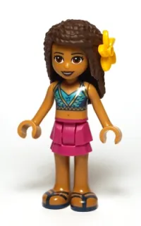 LEGO Friends Andrea, Magenta Layered Skirt, Dark Blue Halter Top with Gold Trim, Flower minifigure
