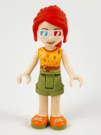 LEGO Friends Mia, Olive Green Shorts, Orange and Bright Light Orange Top with Lightning Bolts, Orange Shoes, 3D Glasses minifigure