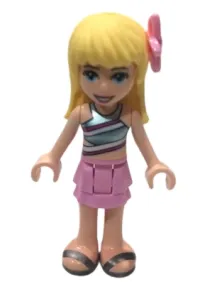 LEGO Friends Stephanie, Bright Pink Layered Skirt, Metallic Light Blue Swimsuit Top, Pearl Dark Gray Sandals, Flower minifigure