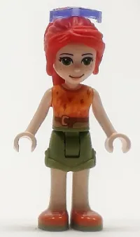 LEGO Friends Mia, Olive Green Shorts, Orange and Bright Light Orange Top with Lightning Bolts, Orange Shoes, Sunglasses minifigure