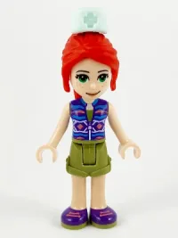 LEGO Friends Mia, Olive Green Shorts, Dark Azure and Dark Purple Patterned Sleeveless Jacket with Zipper, Nurse Hat minifigure