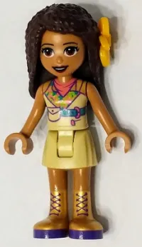 LEGO Friends Andrea, Tan Skirt, Coral, Lime and Medium Azure Top, Gold Boots, Flower minifigure