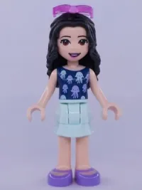 LEGO Friends Emma, Light Aqua Layered Skirt, Dark Blue Top with Jellyfish, Trans-Dark Pink Sunglasses minifigure
