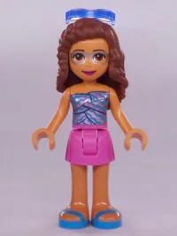 LEGO Friends Olivia, Dark Pink Skirt, Metallic Pink Top with Wavy Dark Azure Lines, Sunglasses minifigure