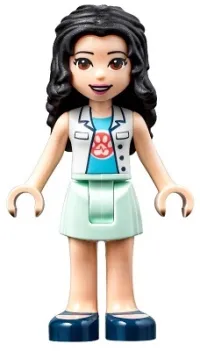 LEGO Friends Emma, White Top with Paw Print Undershirt, Light Aqua Skirt, Dark Blue Shoes with Straps, Dark Purple Bow minifigure