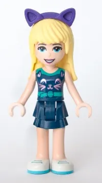 LEGO Friends Stephanie, Dark Blue Layered Skirt, Sleeveless Top with Cat Face, Dark Purple Cat Ears minifigure